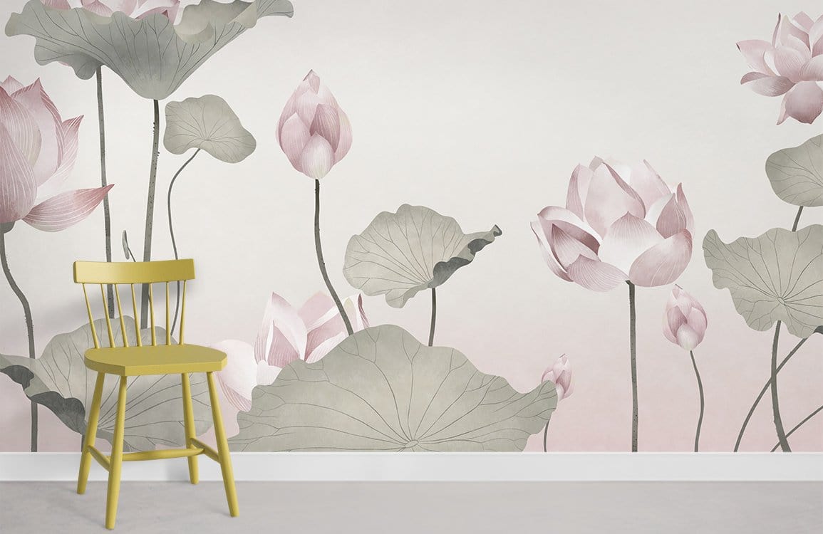 Elegant pastel lotus mural wallpaper with yellow chair, grey flooring in serene interior setting.