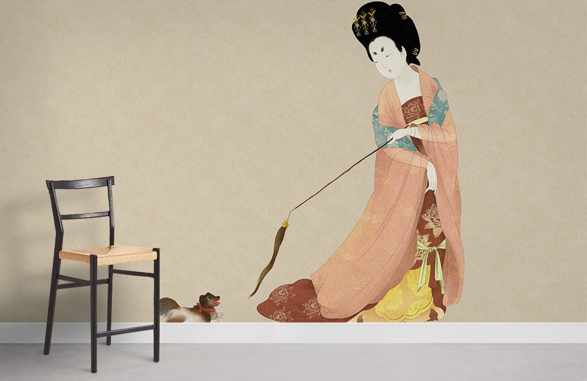 Elegant Oriental Geisha mural wallpaper with dog, chair, beige wall, minimalist room design.