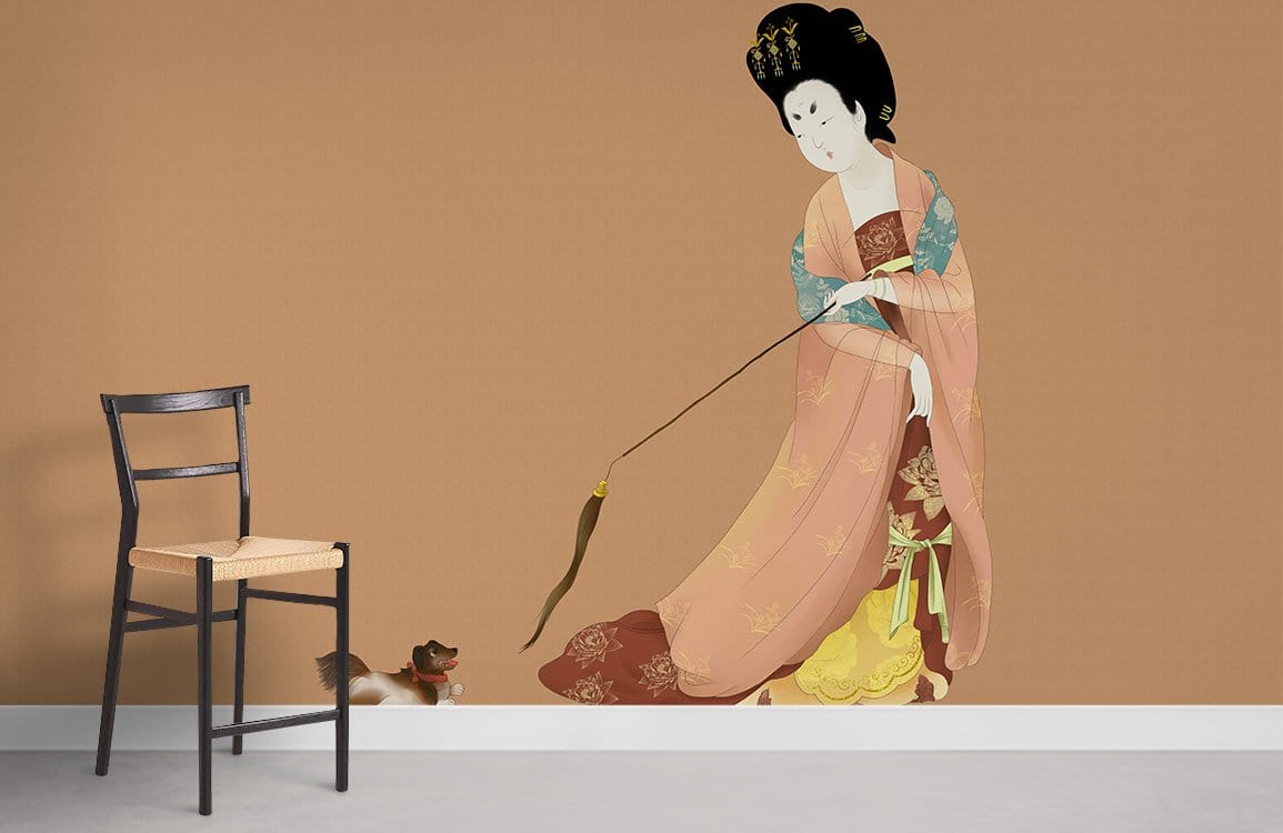 Elegant mural wallpaper featuring a geisha with a dog, warm tones, black chair, minimalist modern decor.