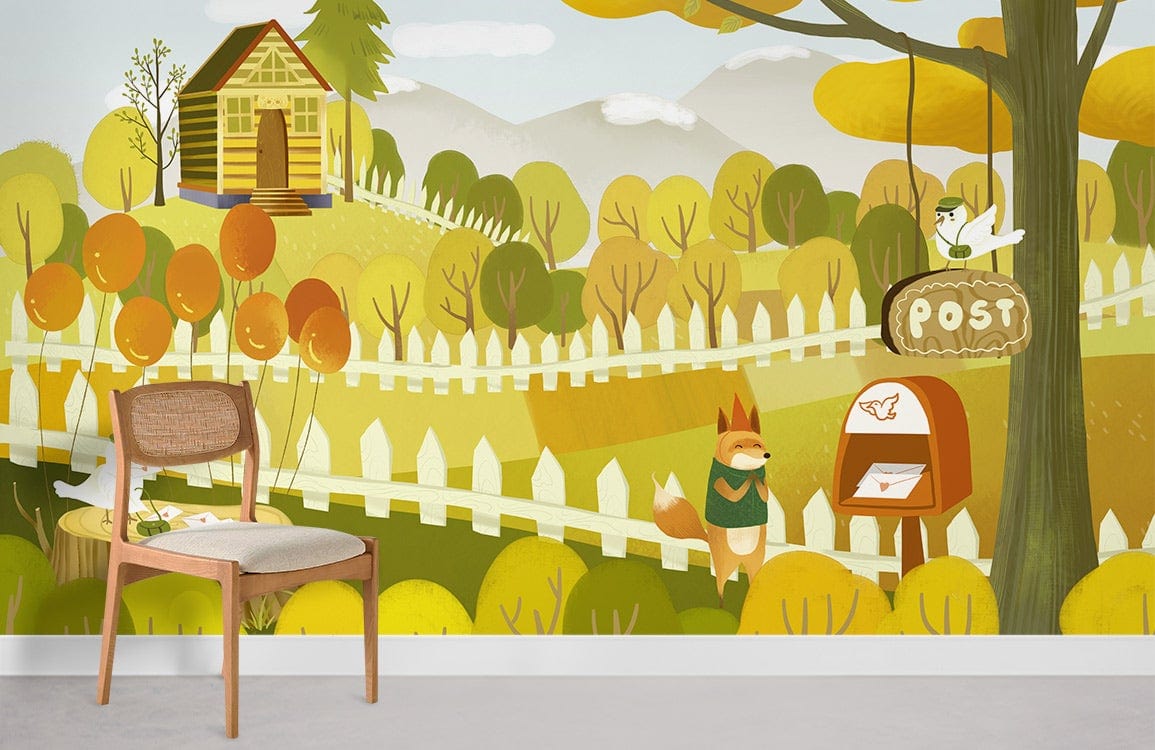 Storybook Woodland Animals Mural Wallpaper in Autumn Colours, featuring playful design and minimalist chair.