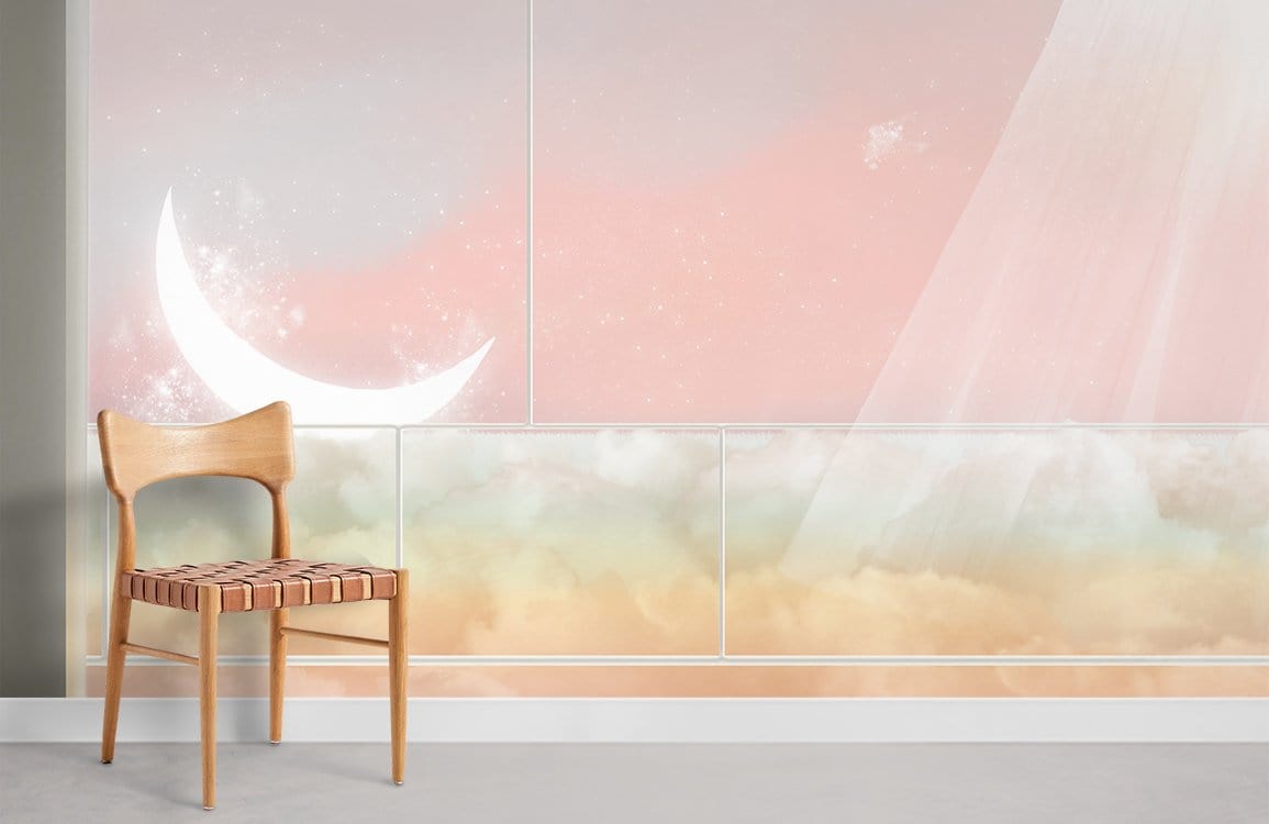 Celestial Dreamscape Pastel Mural Wallpaper with crescent moon, clouds, wooden chair, light grey flooring.