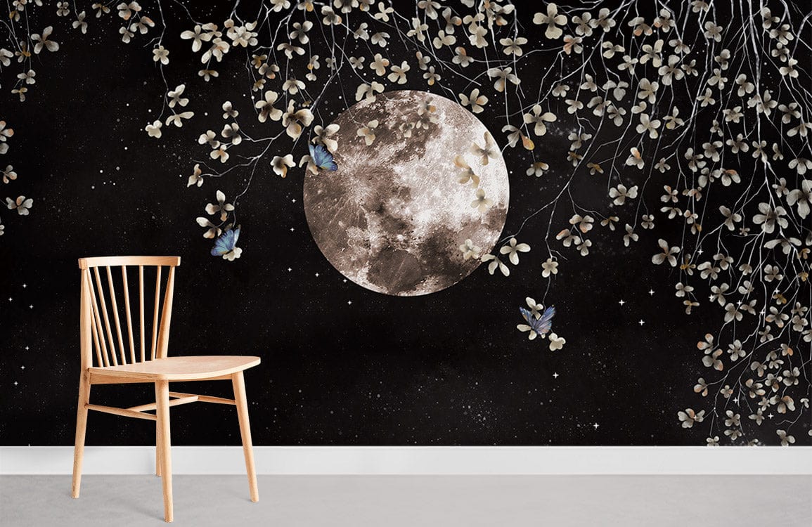 Celestial Night Sky Mural Wallpaper with moon, floral accents, wooden chair, grey flooring, minimal decor.