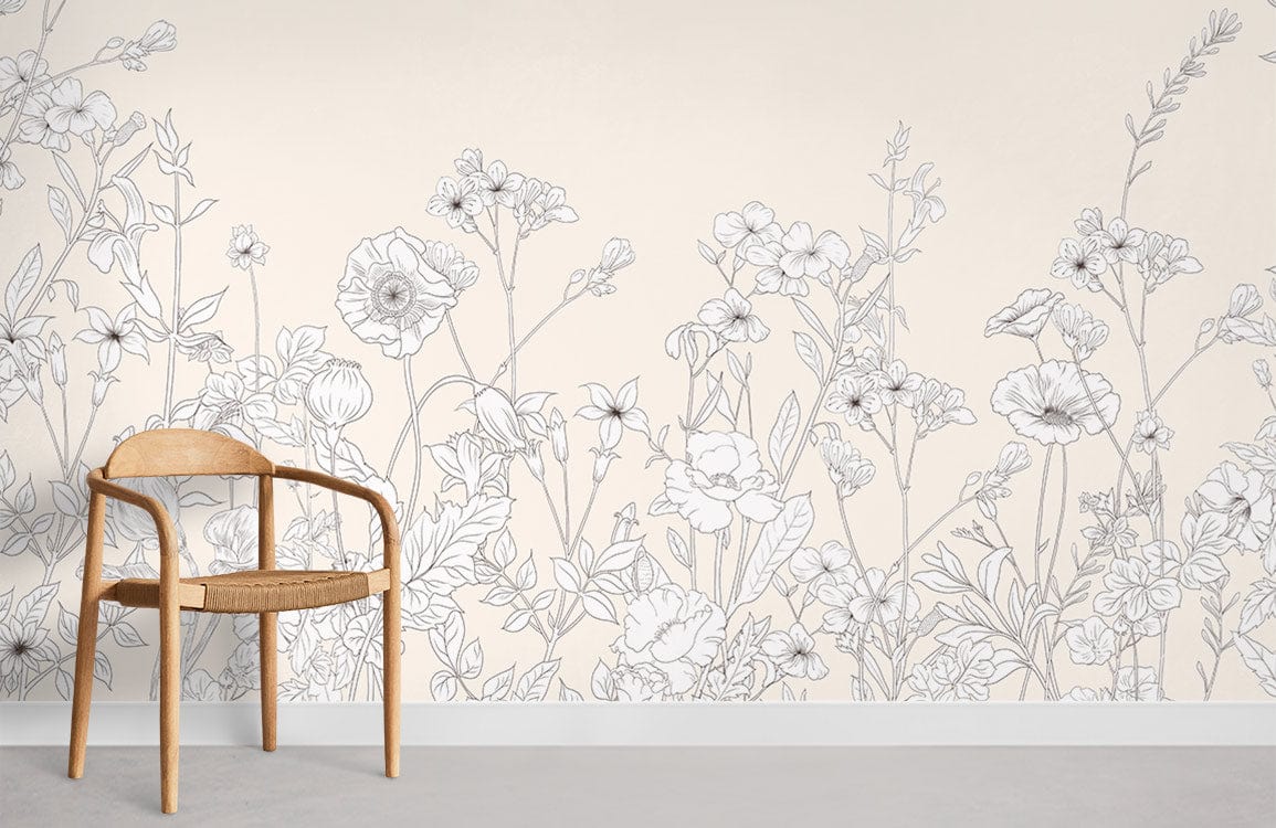 Elegant cream floral wallpaper in modern lounge with wooden chair, grey flooring, botanical sketch design.