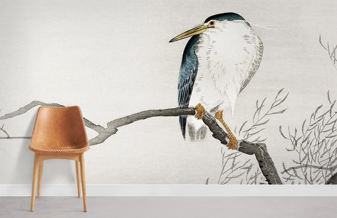 Serene Watercolour Heron wallpaper, leather chair, light grey flooring, minimalist room, nature-themed decor.