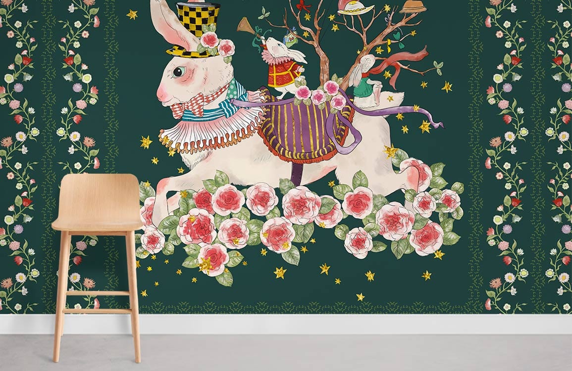 Whimsical rabbit mural wallpaper in green room with floral design, featuring wooden chair and light flooring.