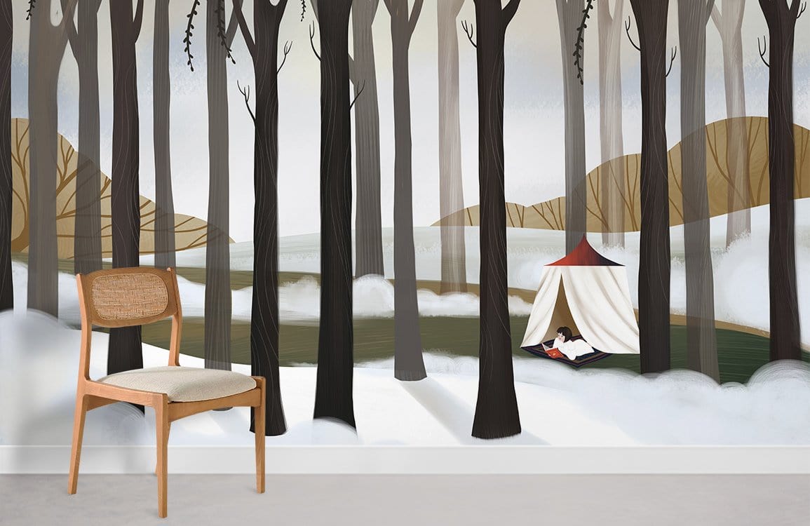 Winter Forest Retreat Mural Wallpaper with tent scene, neutral colours, wooden chair, and grey flooring.