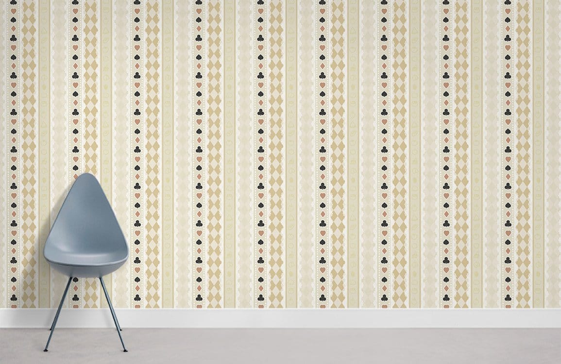 Classic beige and cream striped geometric wallpaper with modern grey chair on neutral flooring.