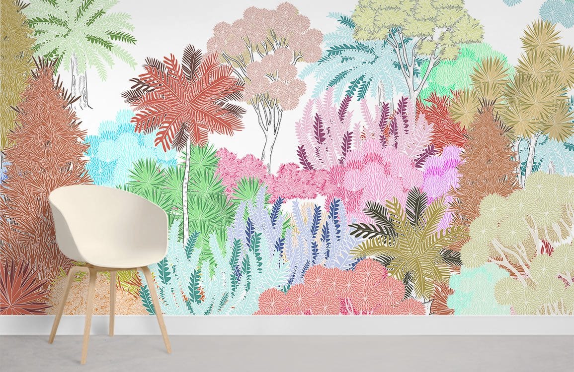 Colourful tropical jungle mural wallpaper with white modern chair, pastel forest design on grey flooring.