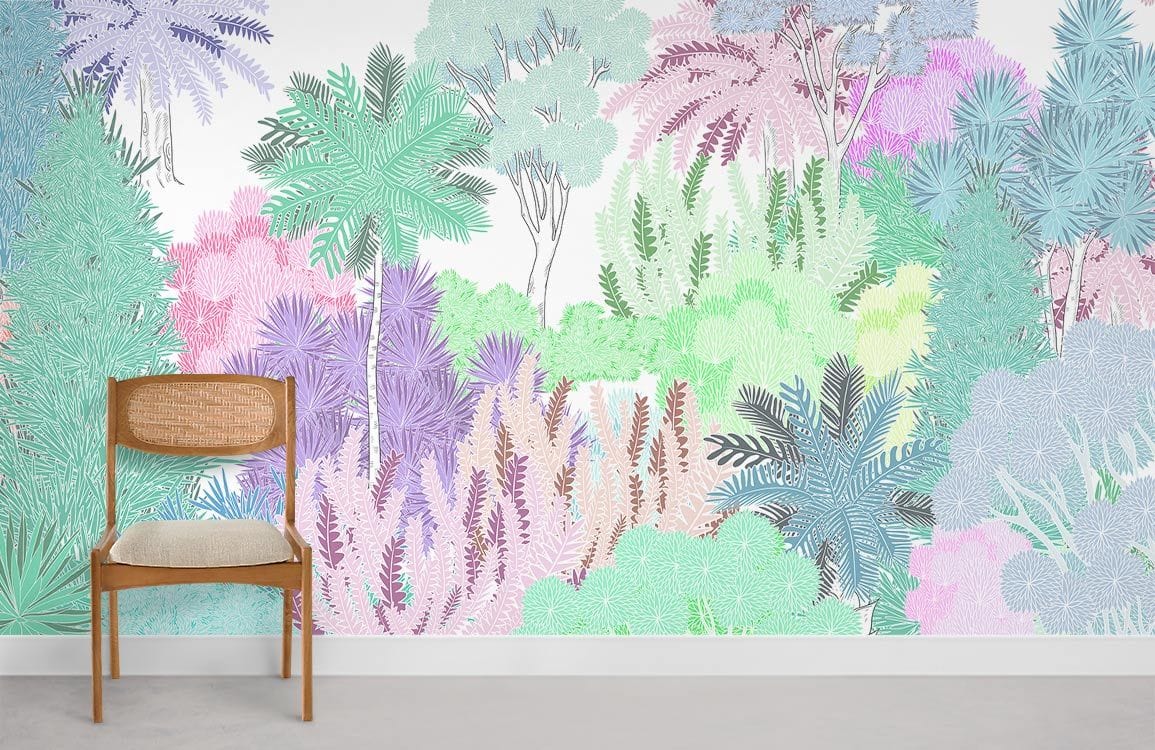 Pastel Tropical Botanical Paradise Mural Wallpaper with wooden chair, grey flooring, vibrant wall design.