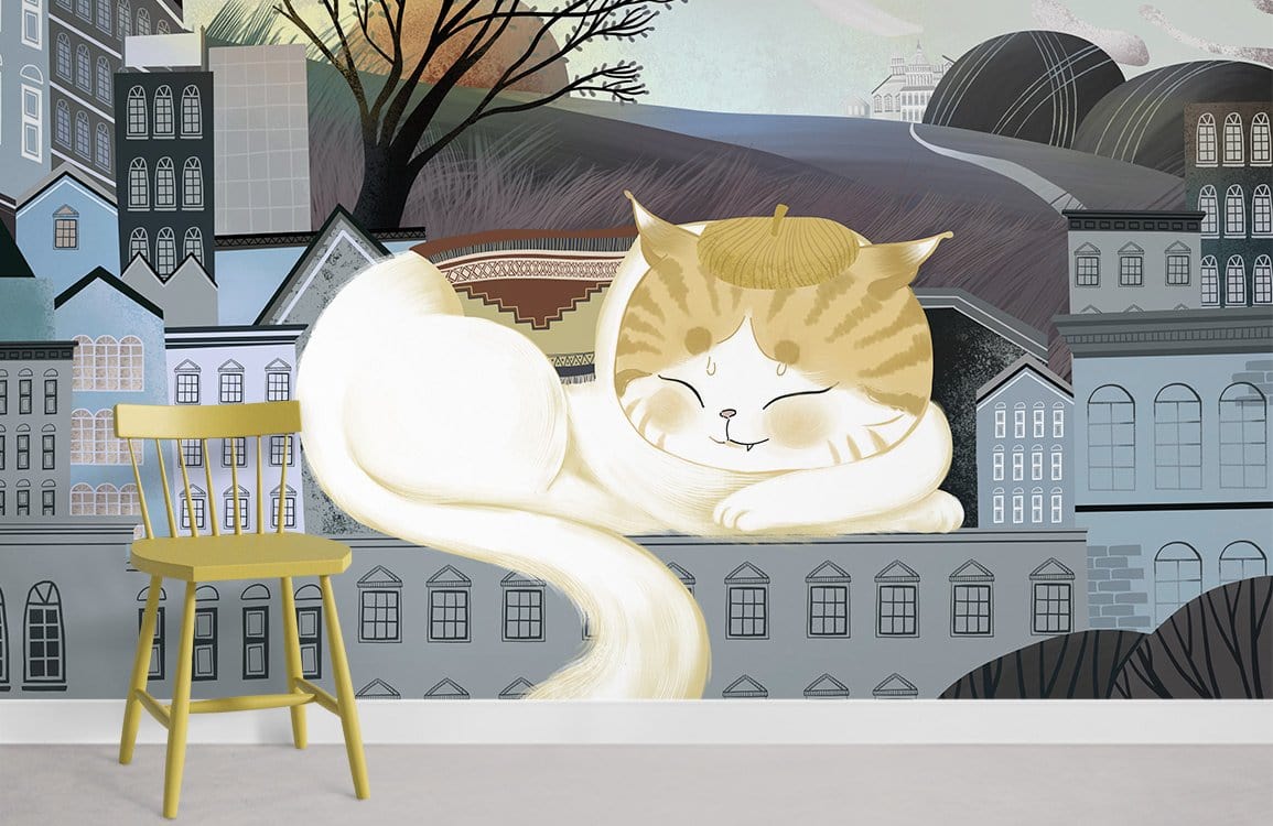 Whimsical cat mural in pastel tones, yellow chair, serene urban dreamscape wall art, wooden flooring.