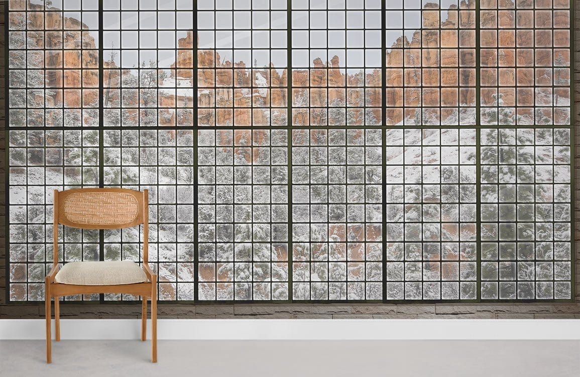 Scenic winter mountain landscape mural wallpaper with grid window design, wooden chair, beige seat cushion.