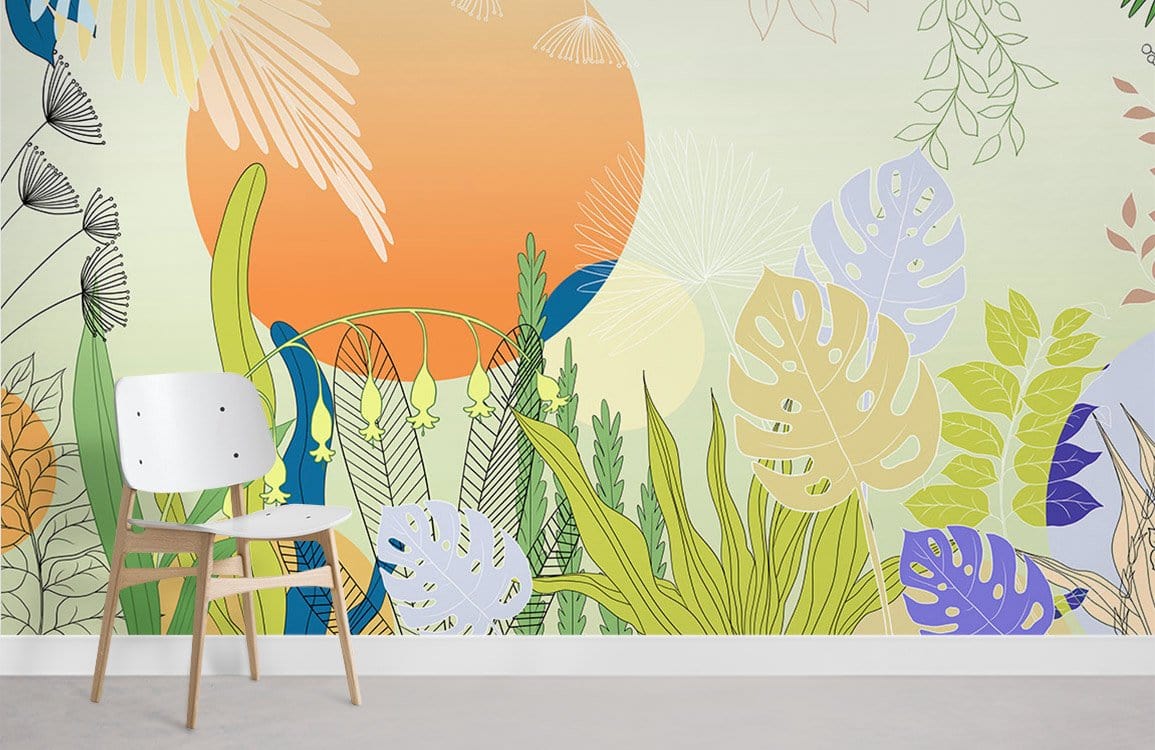 Colourful tropical mural wallpaper in living room with modern white chair and light grey flooring.