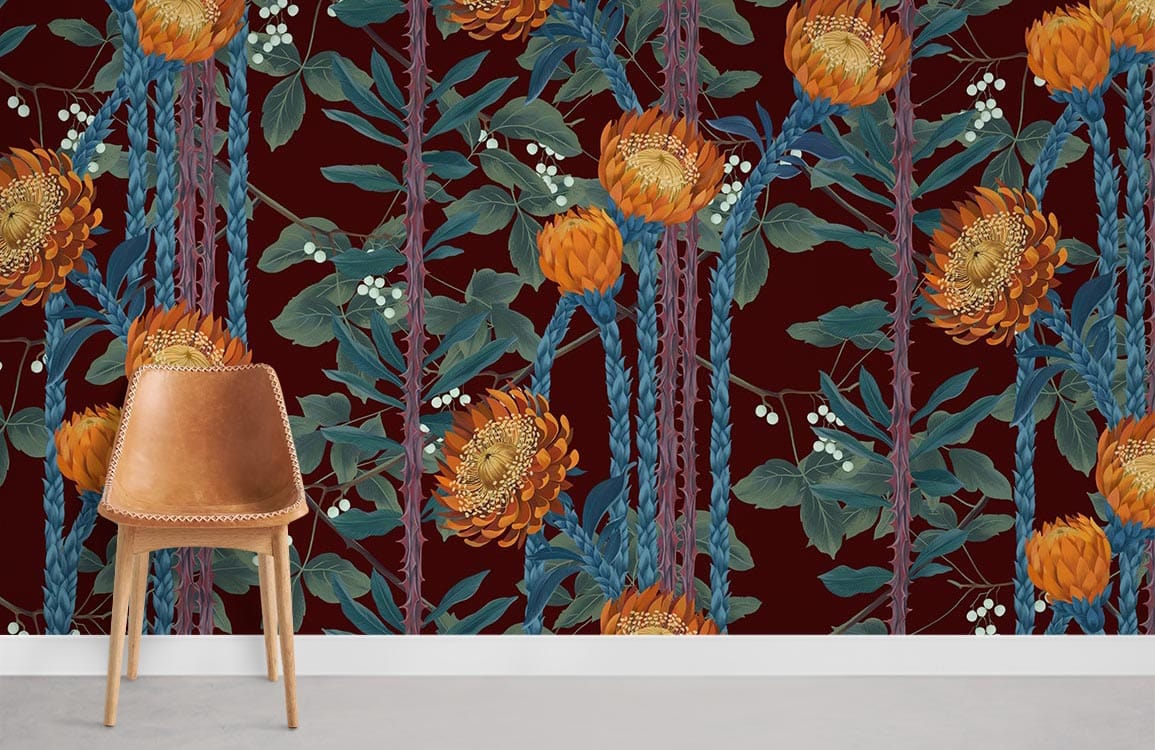 Luxurious wallpaper featuring maroon and orange blooms, brown leather chair, grey flooring in room.