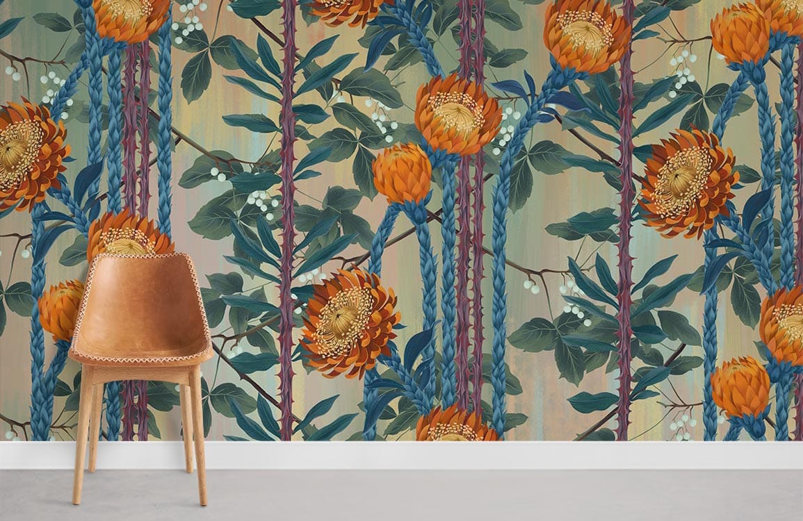 Vintage Botanical Bliss Orange Flowers Mural Wallpaper in modern room with leather chair and grey flooring.