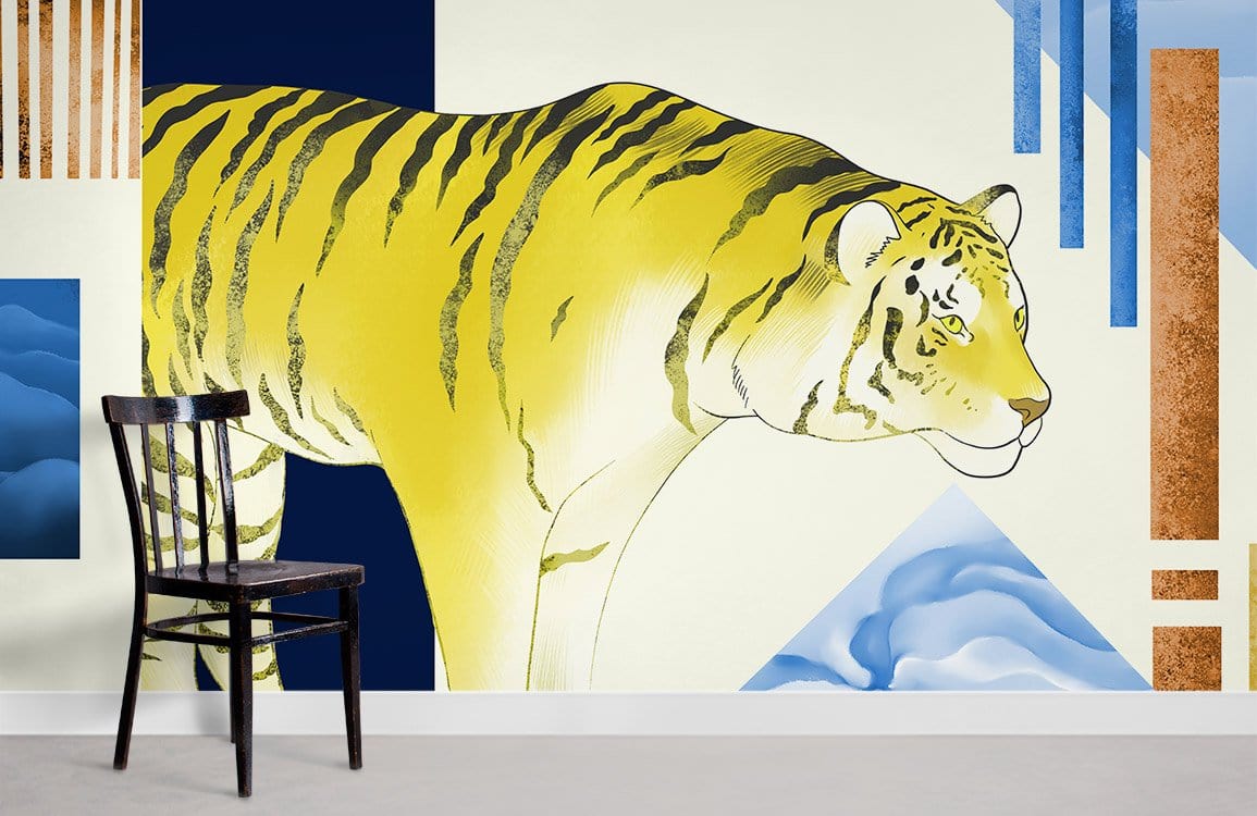 Golden Tiger wallpaper, blue-yellow hues, geometric mural, black chair, contemporary room, stylish decor.