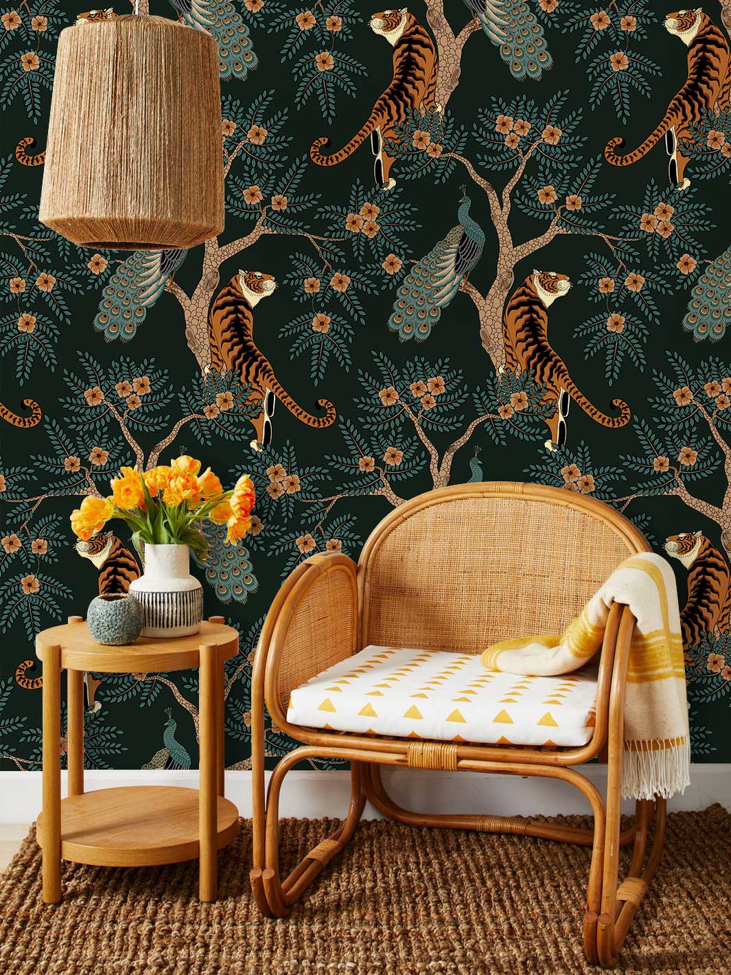 Tiger & Peacock Wallpaper Mural | Animal Wallpaper UK