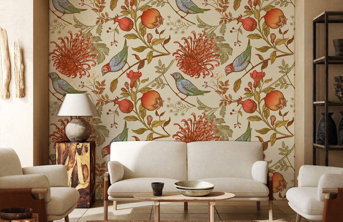 Vintage Floral and Bird Pattern Wallpaper, earthy tones, cream sofa, wooden flooring, neutral room decor.