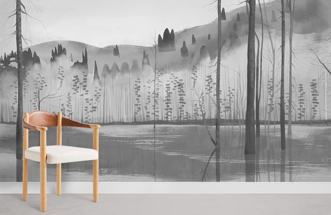 Grey Forest Mist Mural Wallpaper; elegant monochrome nature design with wooden chair, grey flooring.