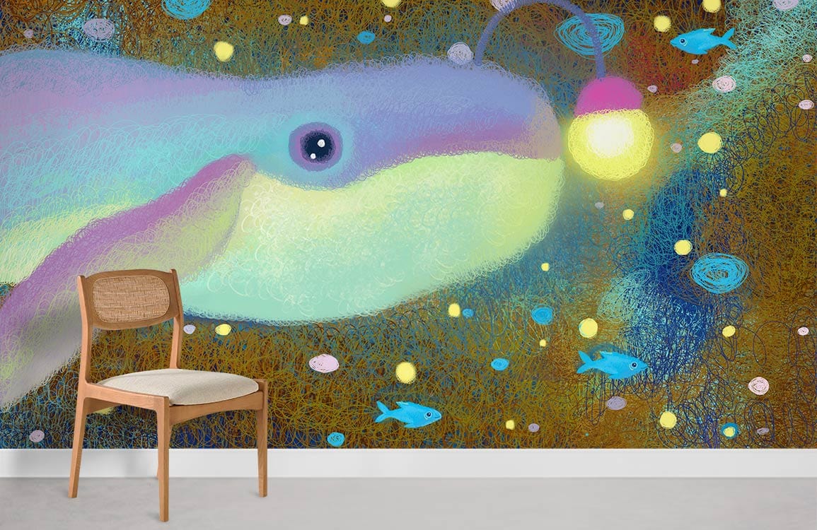 Whimsical Deep Sea Adventure mural with pastel rainbow fish, modern wood chair, grey flooring.