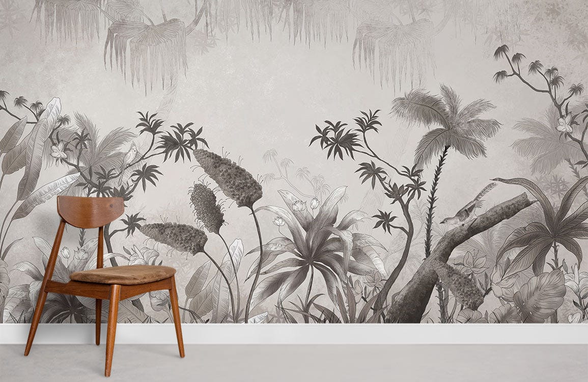 Tropical Paradise mural wallpaper featuring exotic jungle theme; wooden chair; grey wall; modern living space.