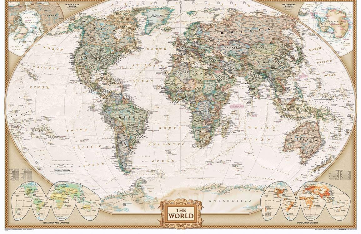 Vintage World Map Mural Wallpaper in Earth Tones - Classic Exploration Style