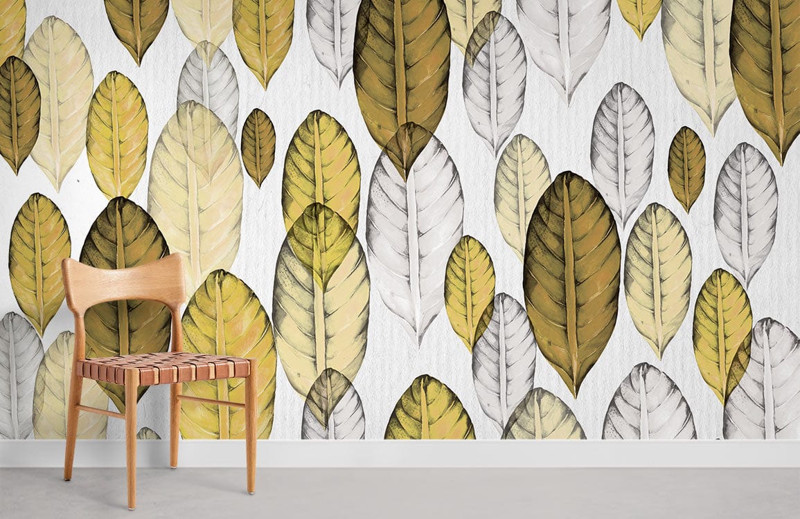 Autumnal leaf wallpaper with earthy tones, light grey floor, wooden chair. Perfect for modern interiors.